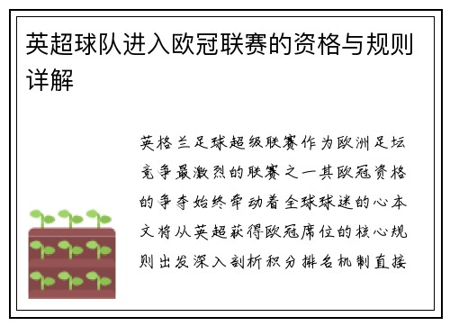 英超球队进入欧冠联赛的资格与规则详解